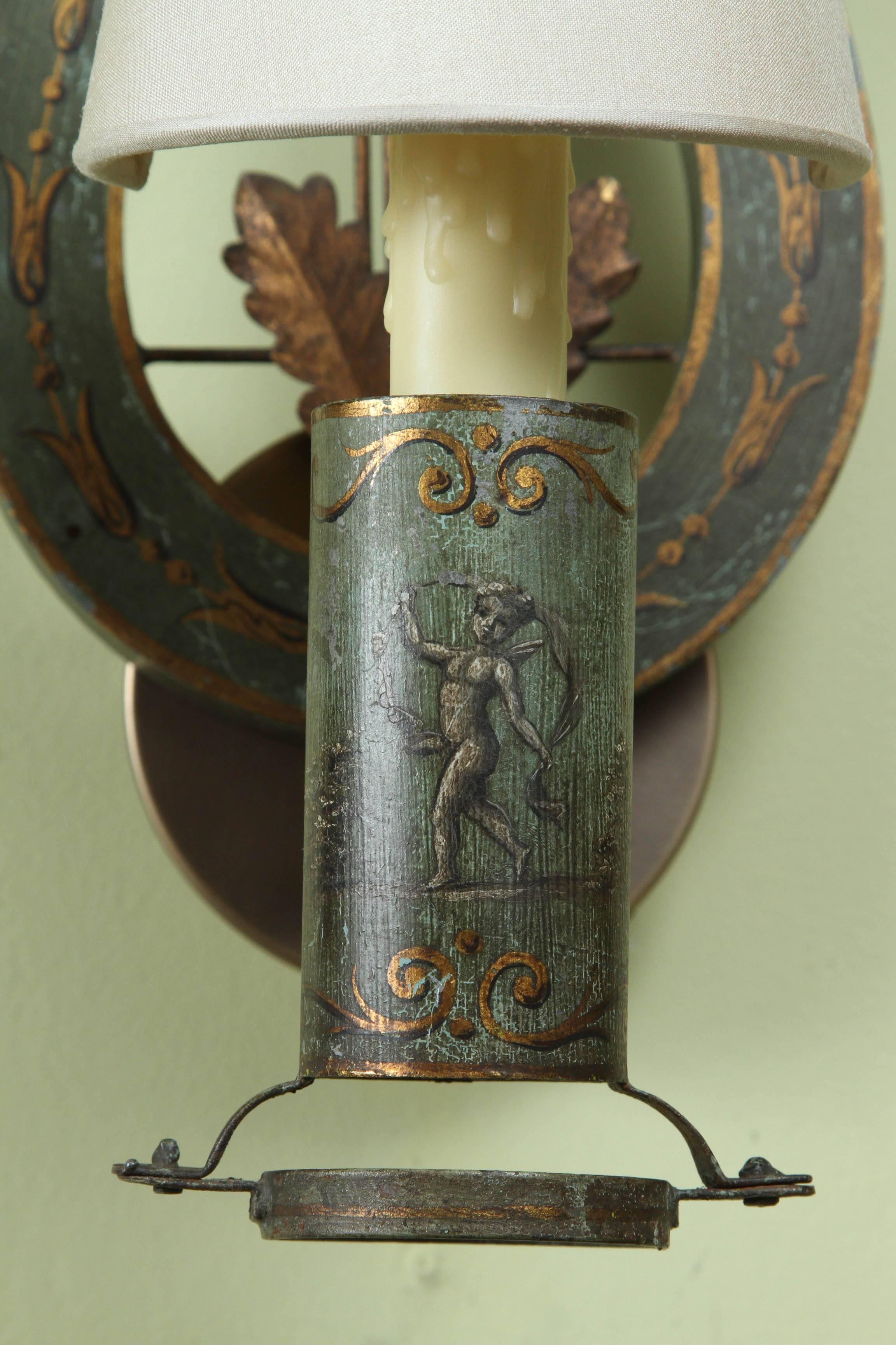 A pair of French painted Tole sconces with a  Lyre-shaped back,  19th century, with new custom pongee silk shields.