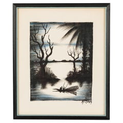 Vintage Asian Framed Ink Drawing of a Fishing Village Scene