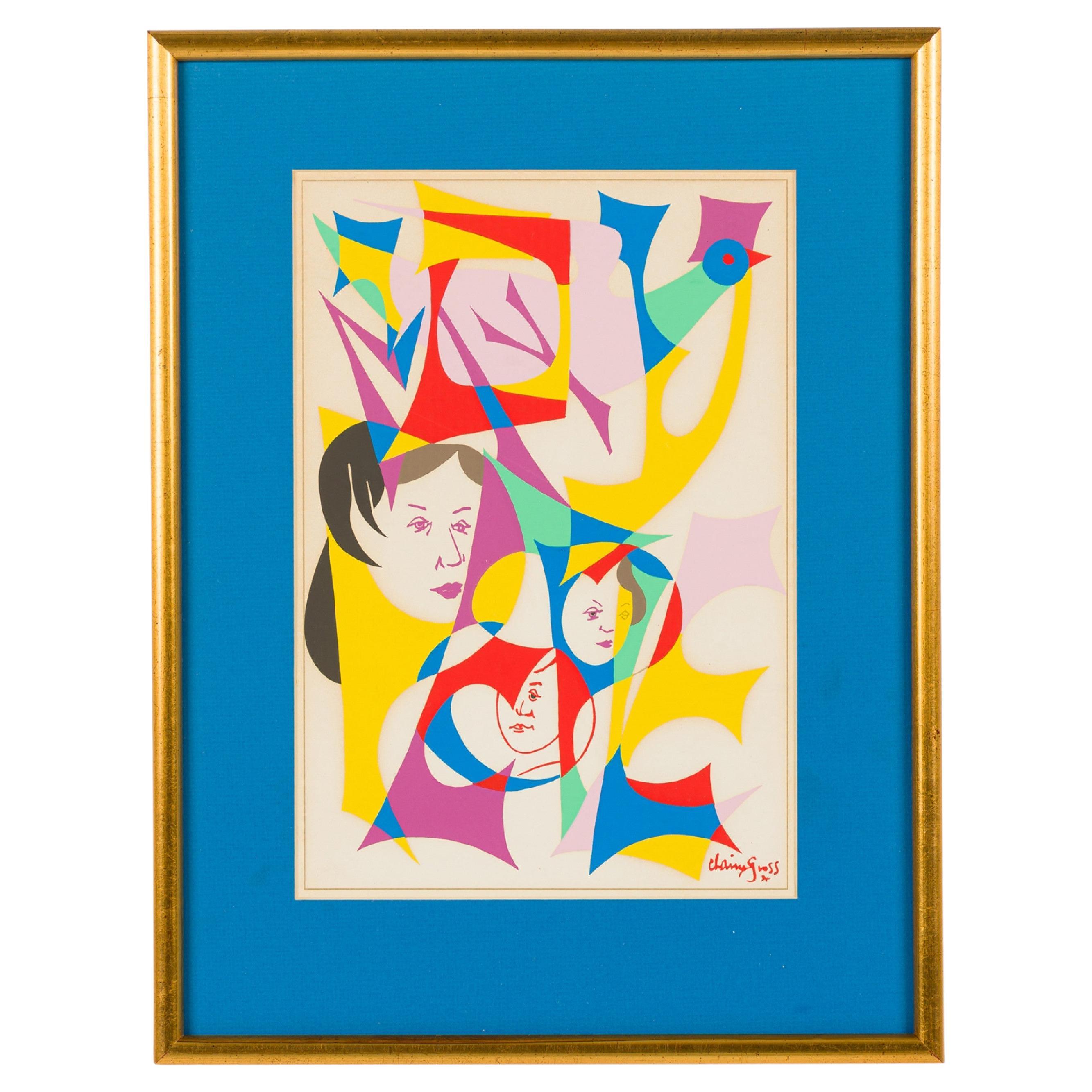 American Mid-Century Chaim Gross Multicolored Collage with Faces