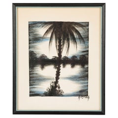 Vintage Asian Framed Ink Drawing of a Fishing Village Scene