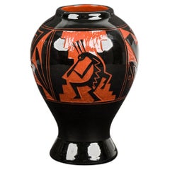 American Contemporary Black Urn with Orange Painting