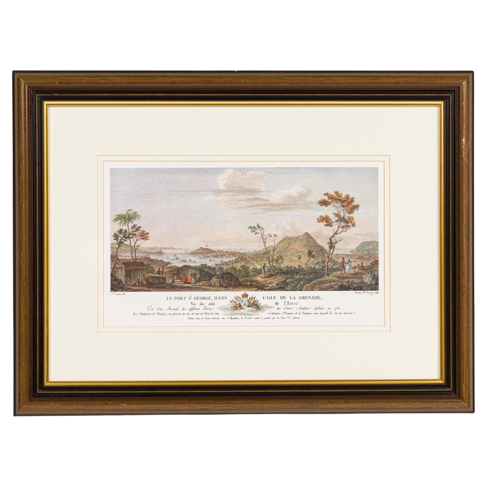 French Louis XVI Style Framed Colored Print of Grenadian Topography