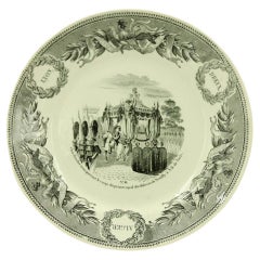 Antique Set of 5 French Victorian Transferware Plates of Historical Landmarks