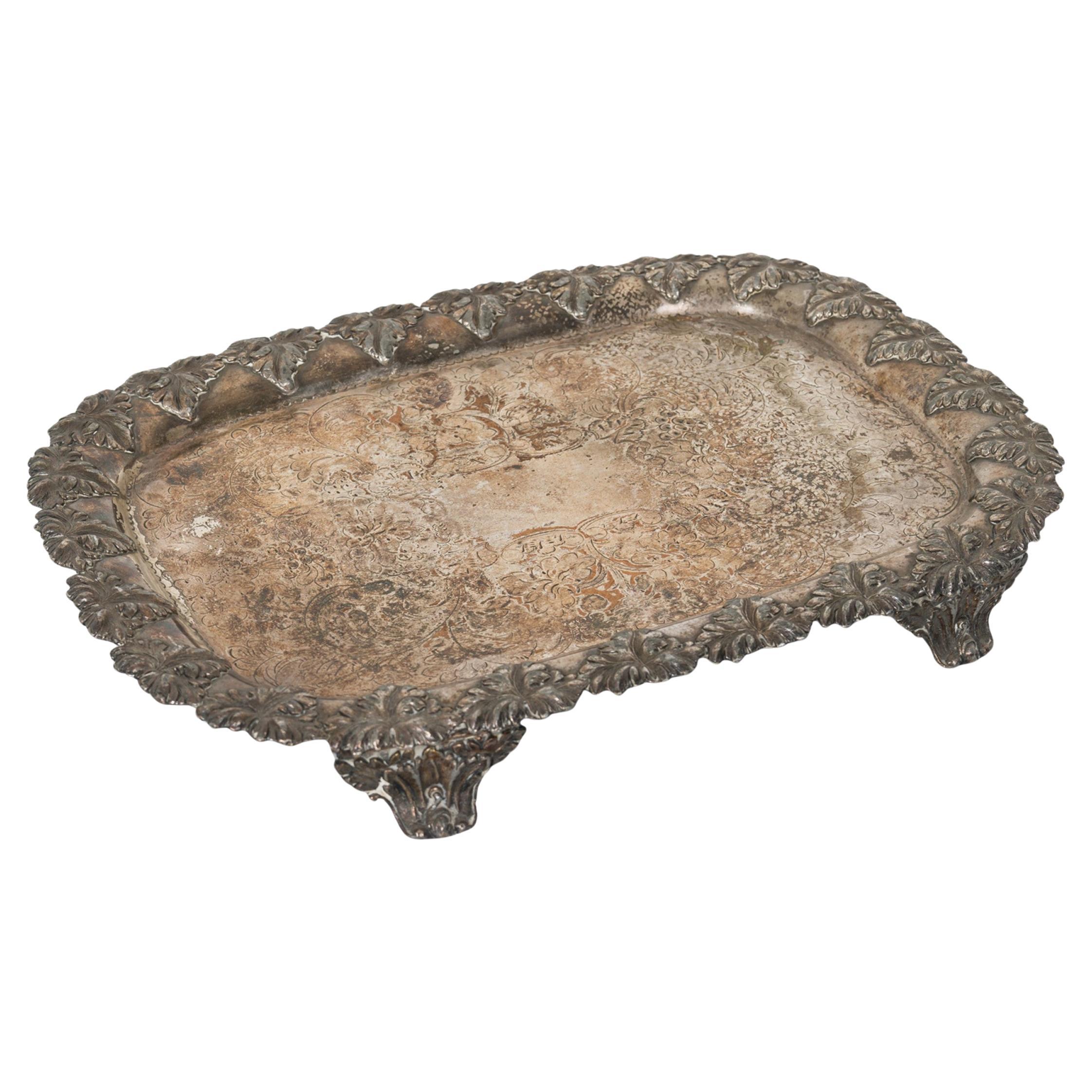 English Victorian Silver Plate Footed Tray For Sale