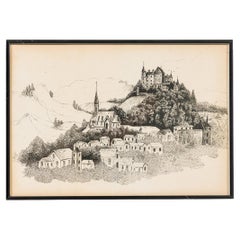 Italian Mid-Century Genre Scene Sketch of Houses sitting On Multpile Hills