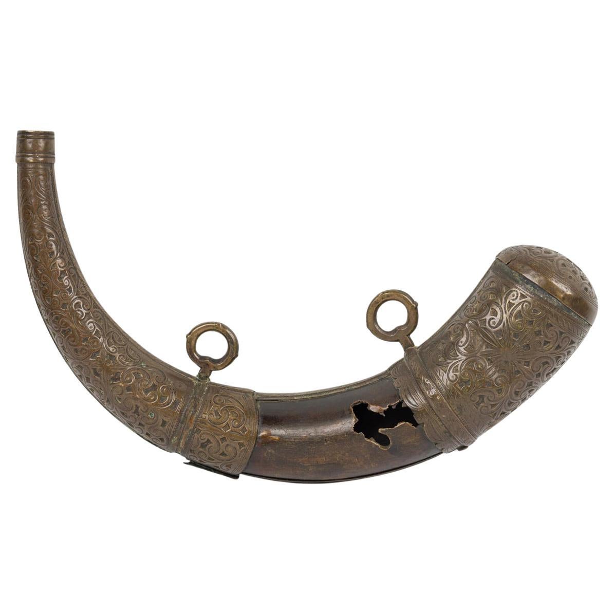 English Renaissance Style Powder Horn, Brass, 18th Century, UK Origin