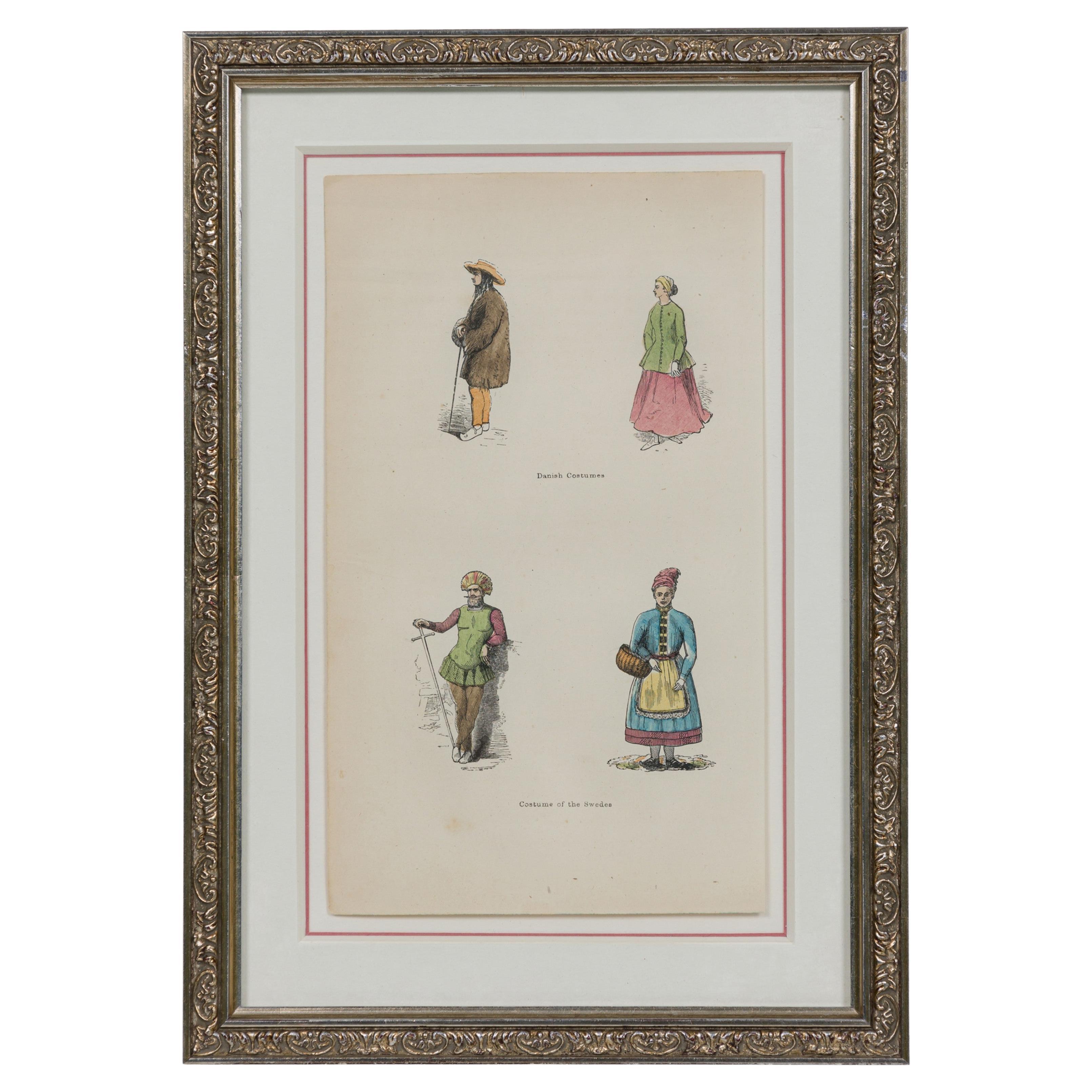 Estampa Victoriana Inglesa de 4 Atuendos Nobiliarios Daneses
