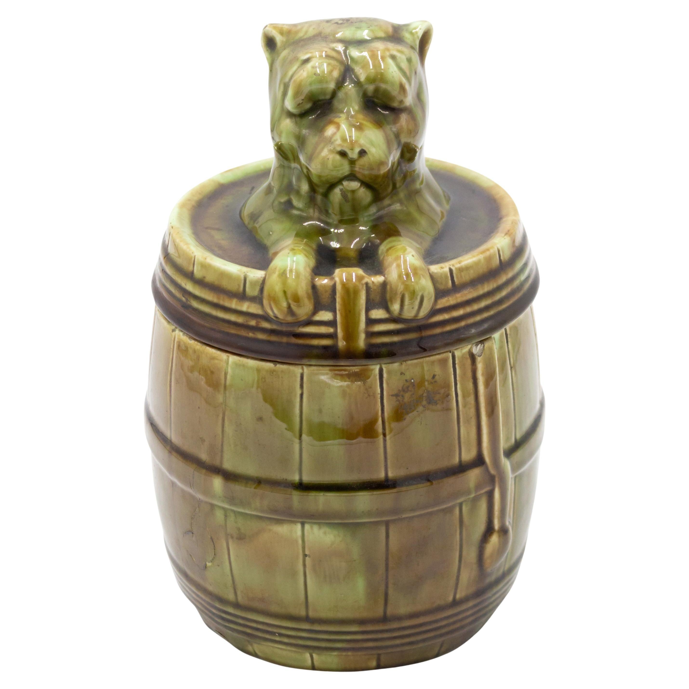 English Victorian Porcelain Barrel and Dog Box For Sale