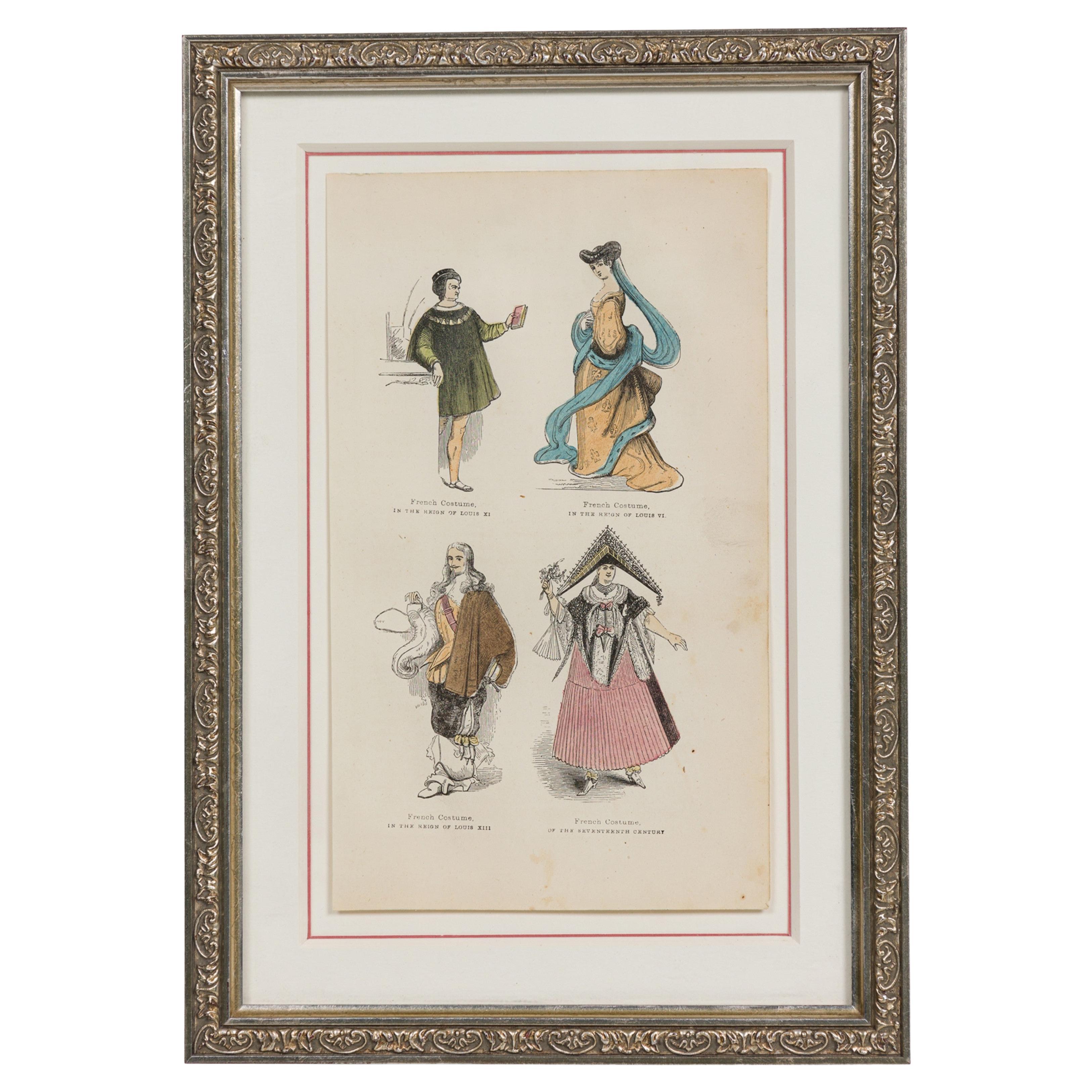 English Victorian Print of 4 French Noble Attires