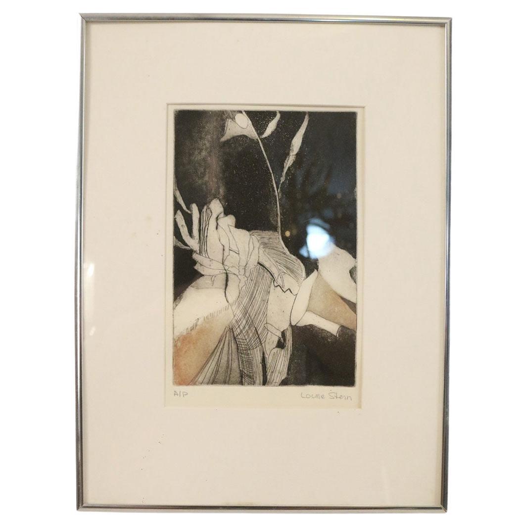 Mid-Century American Louise Stern Schwarz und Beige Abstrakte Radierung in Silber Fra