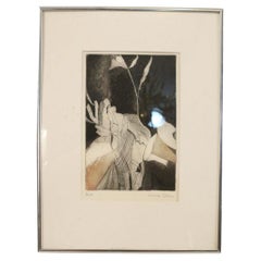 Mid-Century American Louise Stern Black & Beige Abstract Etching in Silver Frame