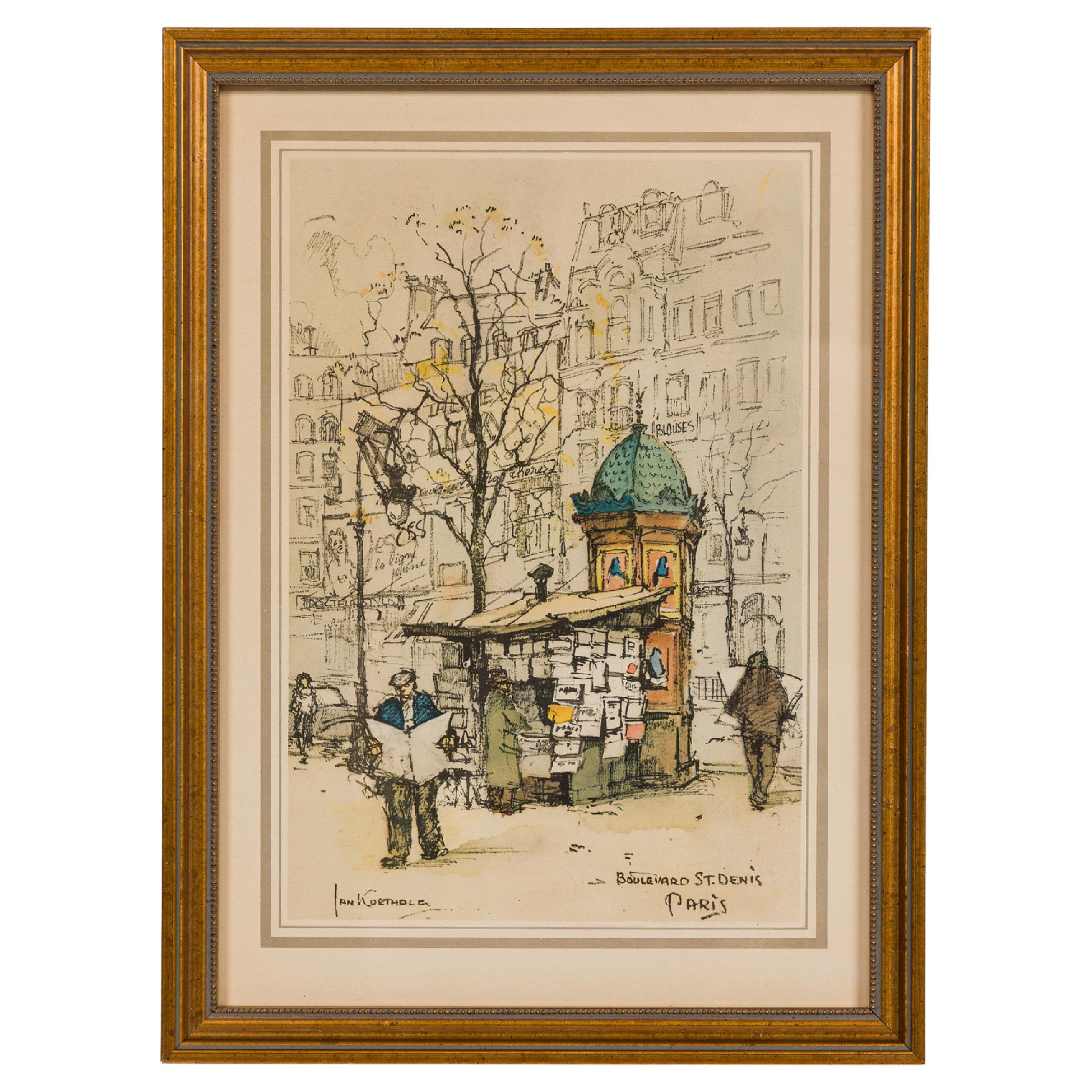 Mid-Century Framed Genre Scene Print of a Parisian Street, "Boulevard St Denis" For Sale