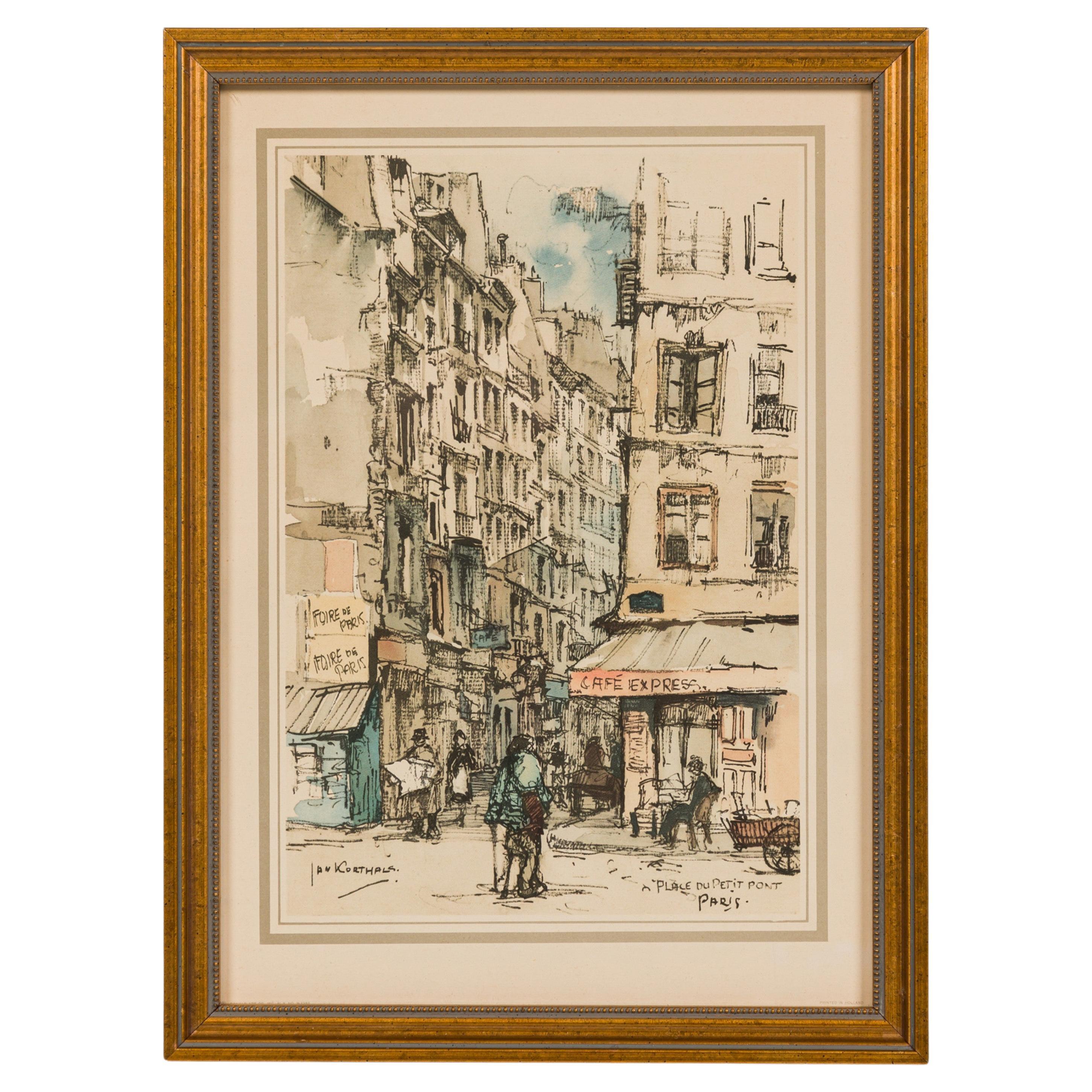 Mid-Century Framed Parisian Street Genre Print, Place Du Petit Pont