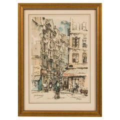 Mid-Century Framed Parisian Street Genre Print, Place Du Petit Pont