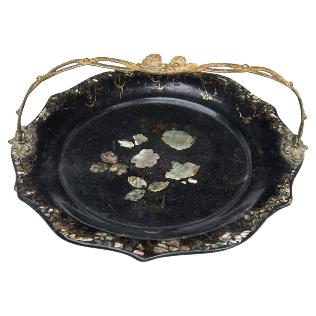 Victorian Papier-Mâché Tray with Scalloped Edge and Bronze Handle