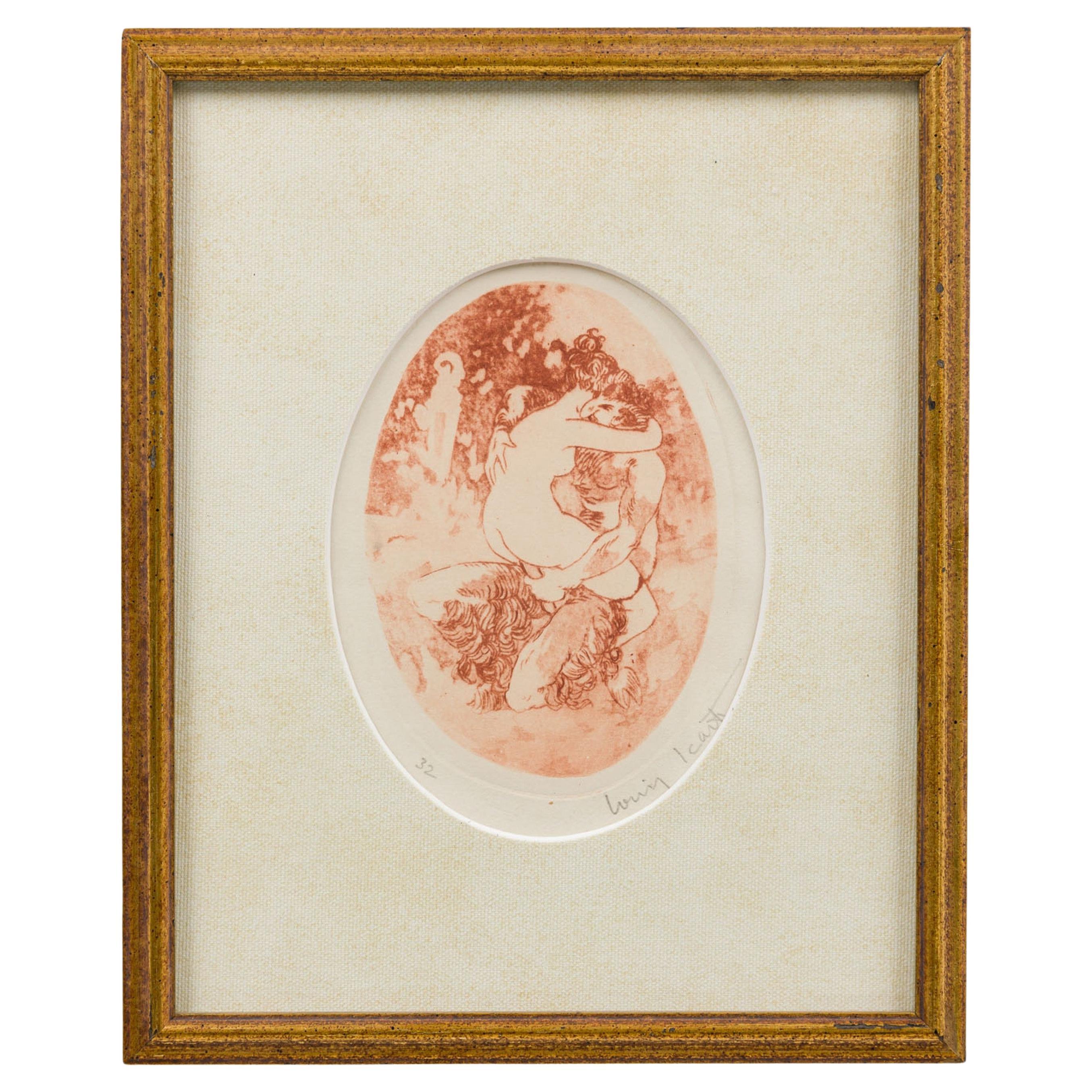 ICART French Art Deco gilt framed lithograph with scene of satyr and lady