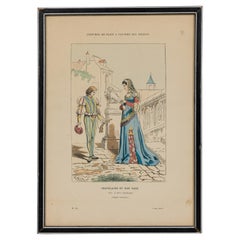 French 19th-Century Framed Lithograph of a Lady of the Chateau and Her Page