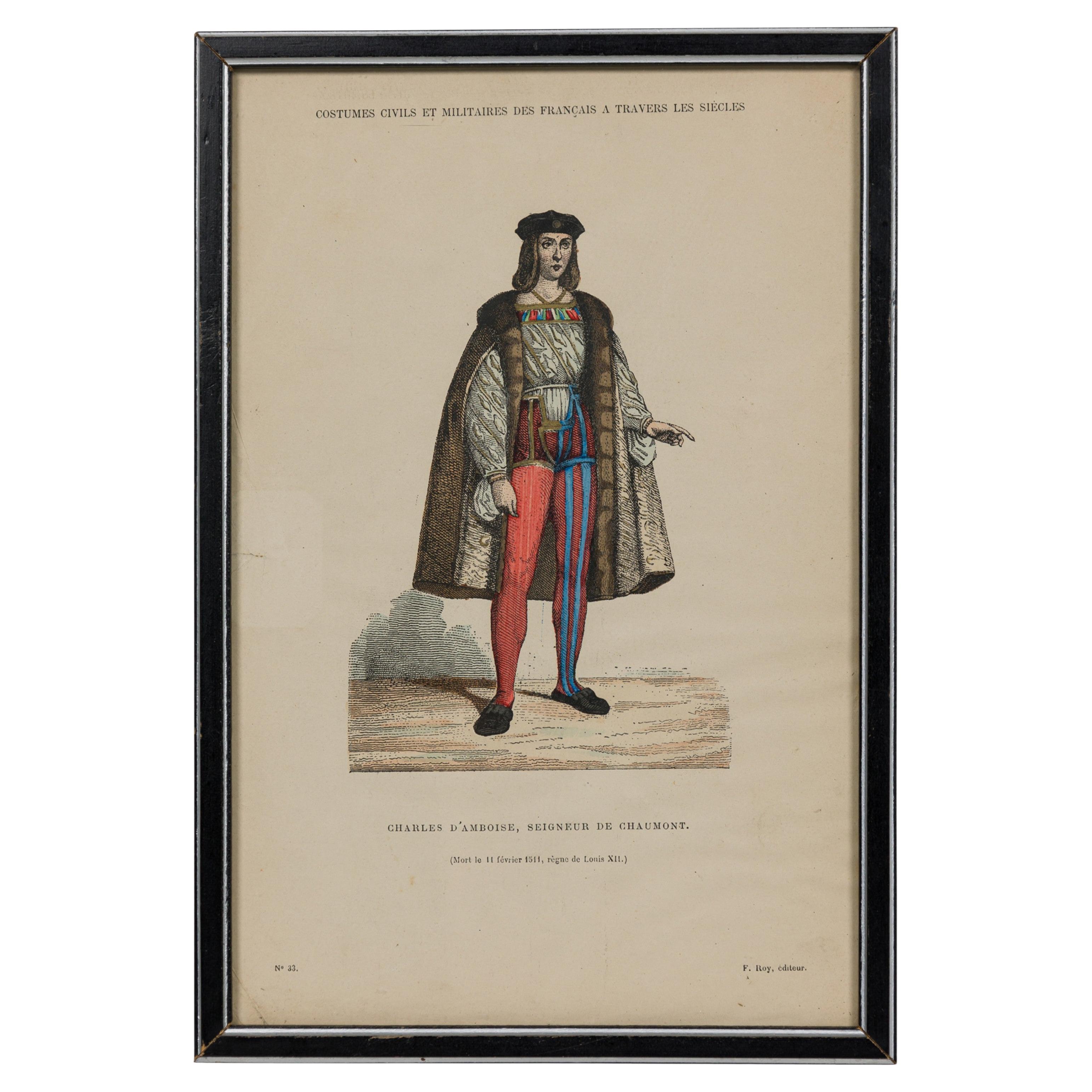 French 19th-Century Framed Lithograph of Charles d'Amboise, Lord of Chaumont