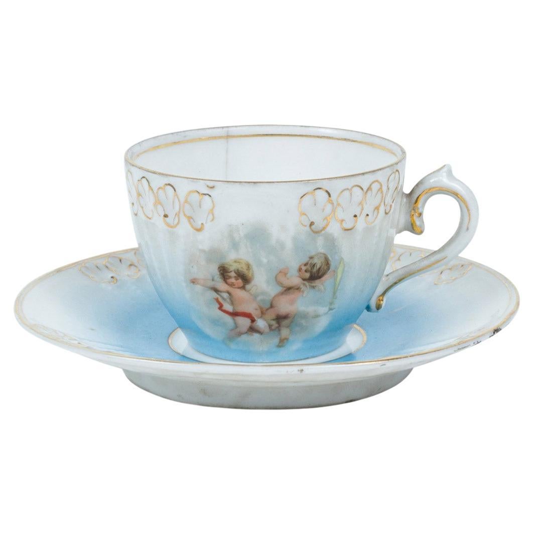 Set of 7 French Victorian Porcelain Teacups and Saucers For Sale