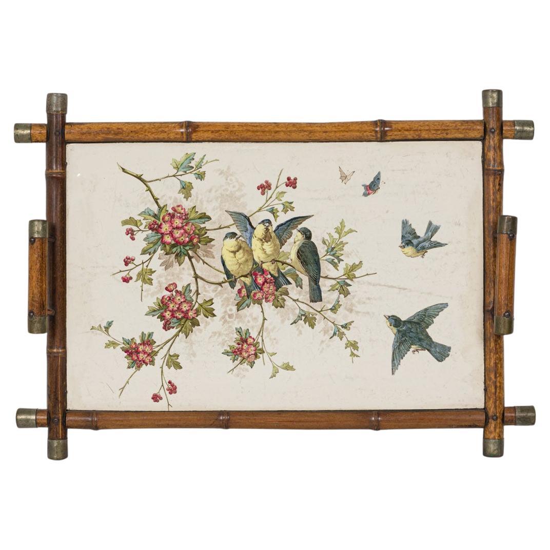 19th Century English Victorian Bamboo Tray with Floral Porcelain Panel