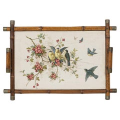 19th Century English Victorian Bamboo Tray with Floral Porcelain Panel
