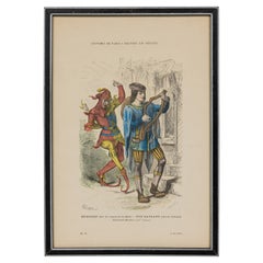 French 19th-Century Framed Lithograph of a Musician & Early Renaissance Attire