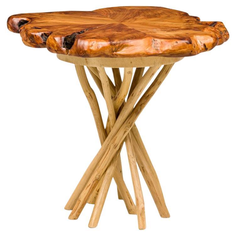 Rustic Wood Round Side Table with Organic Top and Branch Base