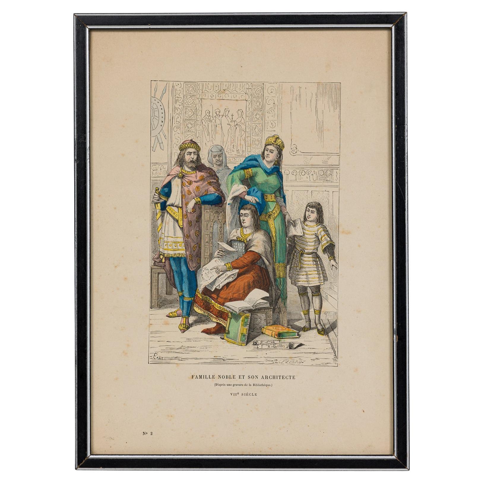 French Framed Lithograph of a Parisian Noble Family and Architect
