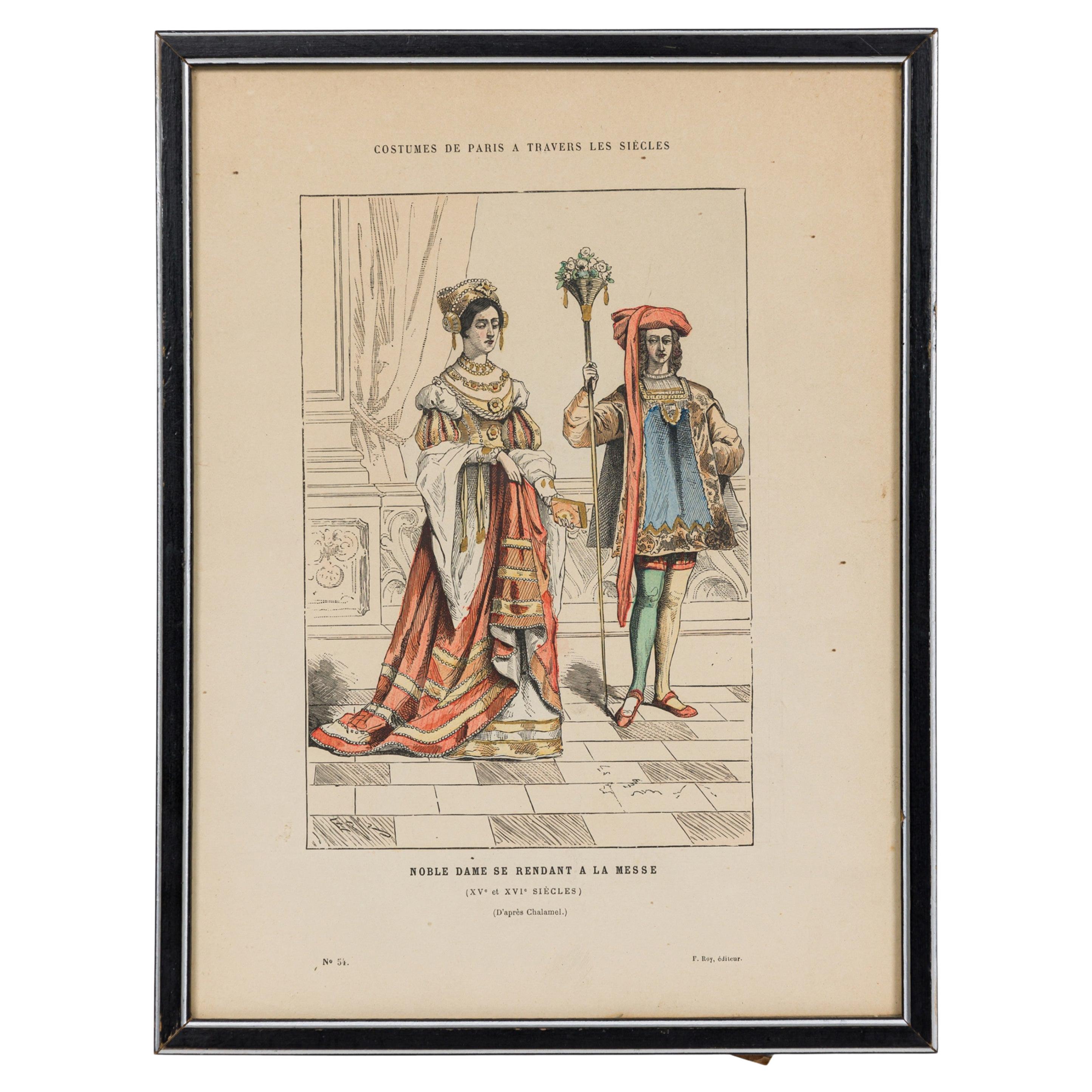 French 19th-Century Framed Lithograph of a Parisian Noble Lady