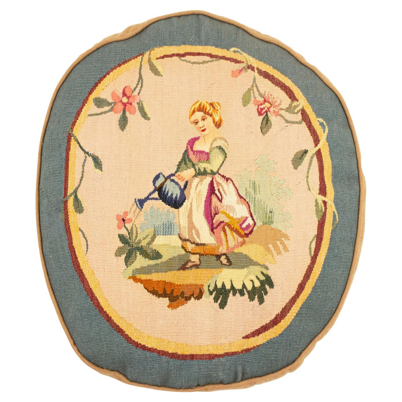 French Victorian Aubusson Pillow with Blue Border