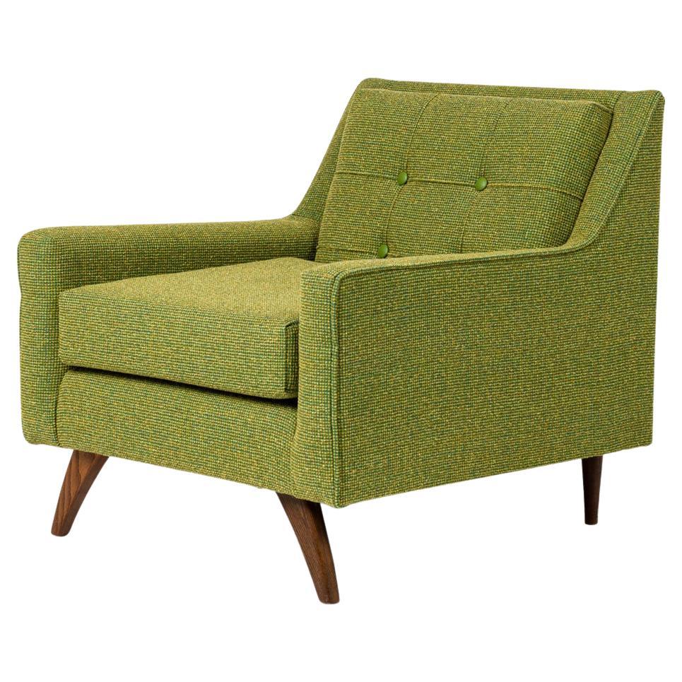 Danish Mid-Century Style Green Tweed Tufted Armchair For Sale