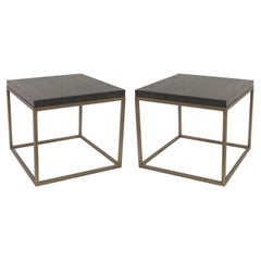 Contemporary Square End Tables, Solid Oak Top, Aged Brass Base, USA