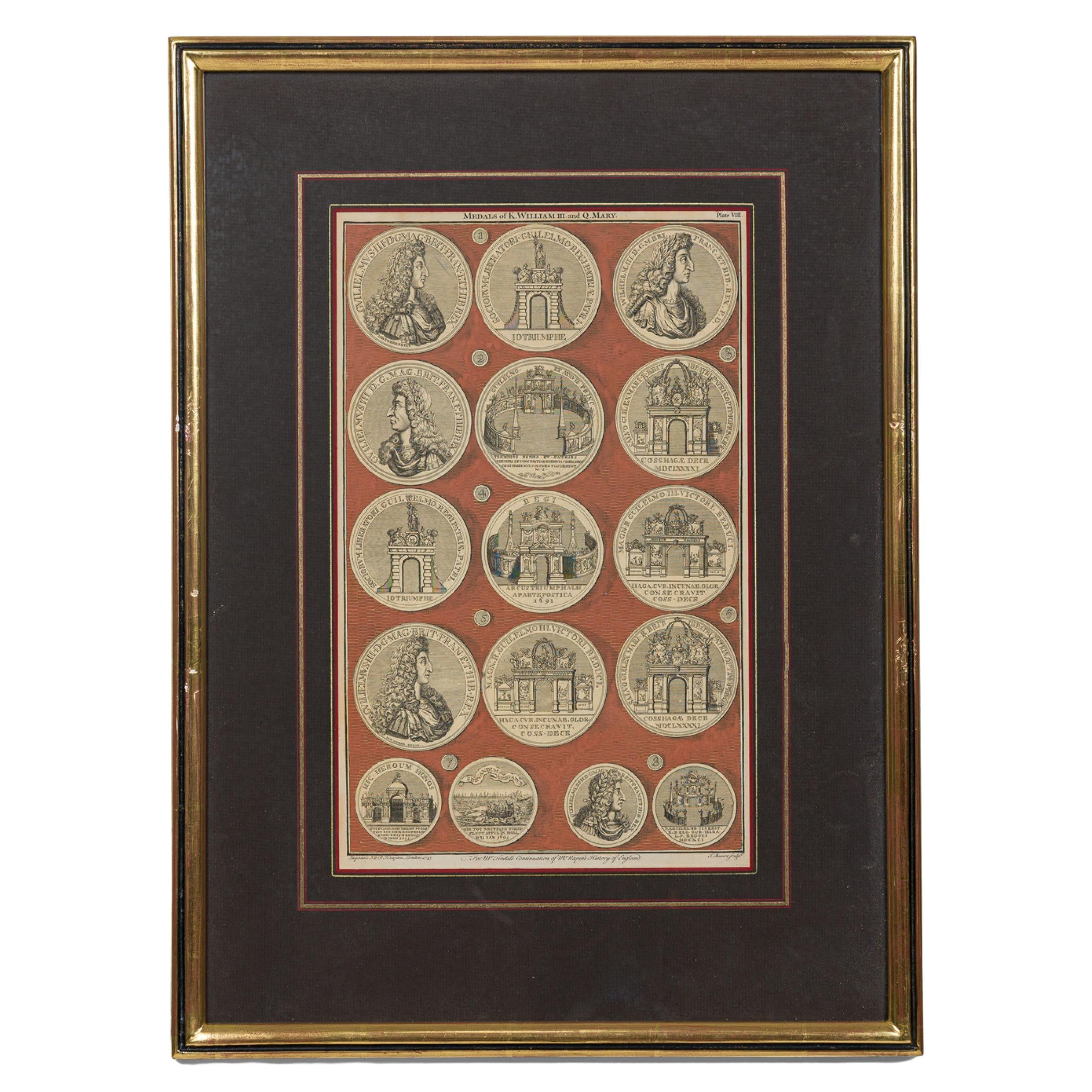 English engraving of Medals associated with King William III and Queen Mary