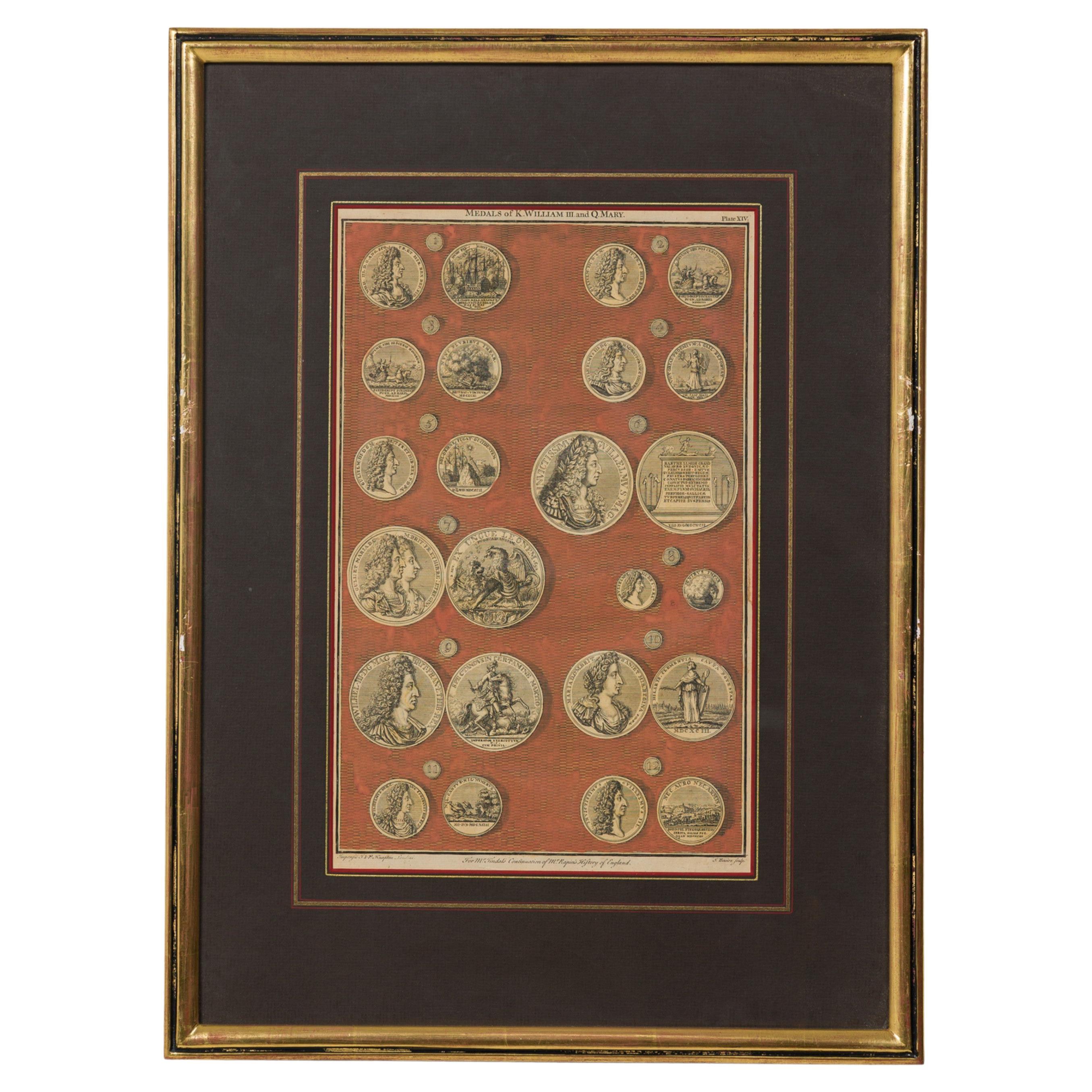 English engraving of Medals associated with King William III and Queen Mary