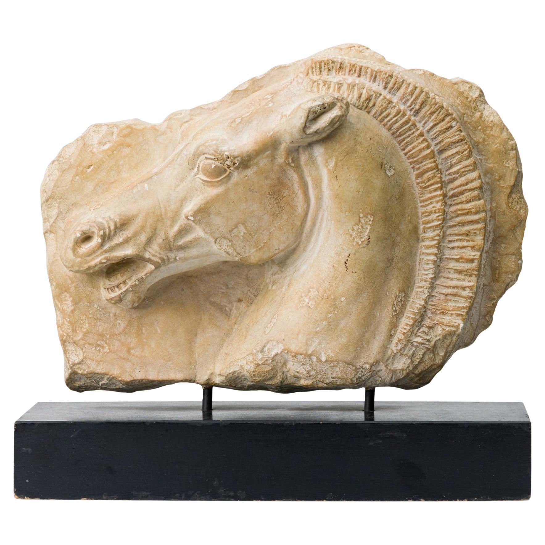Cast Horse Head Sculpture Mounted on a Wooden Base