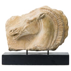 Cast Horse Head Sculpture Mounted on a Wooden Base