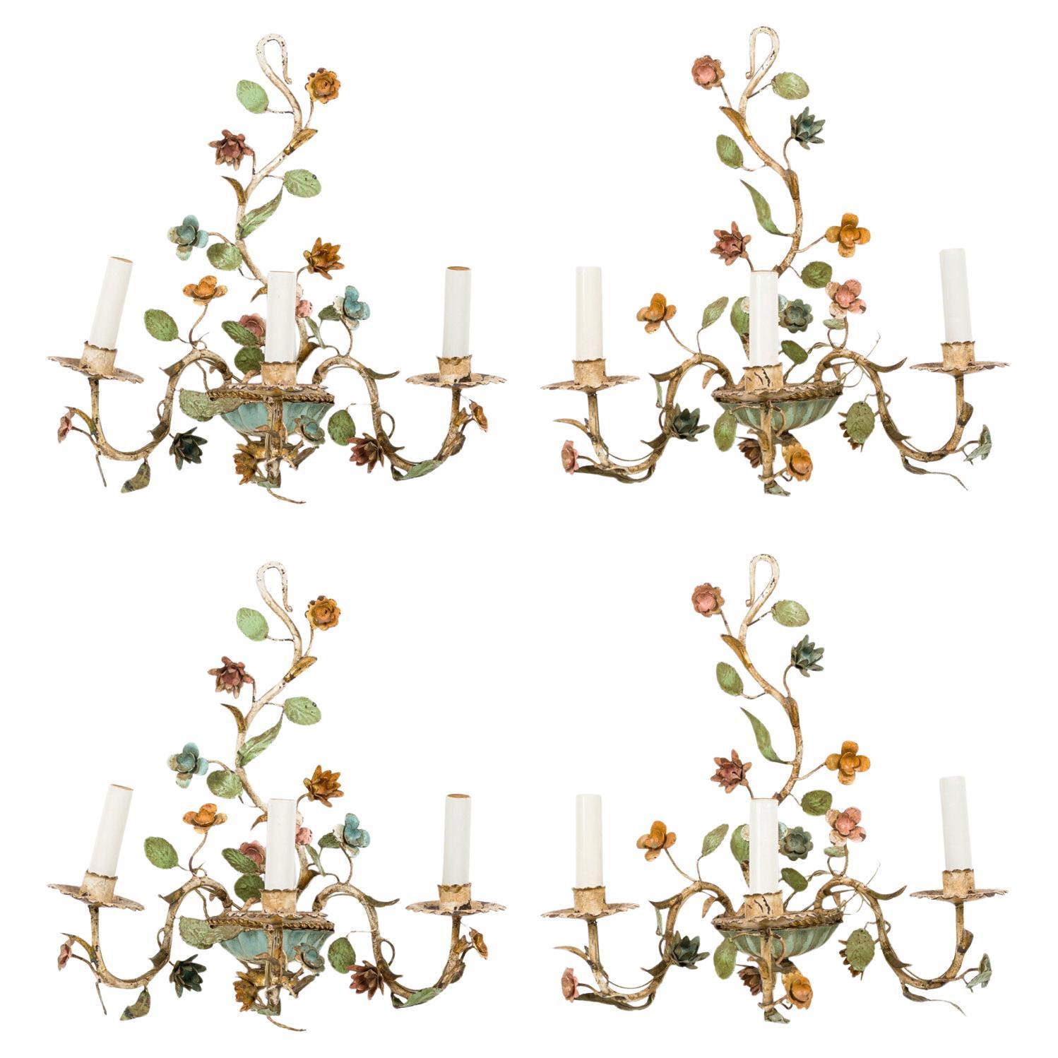 Italian Mid-Century 3 Armed Tole Flower Wall Sconce