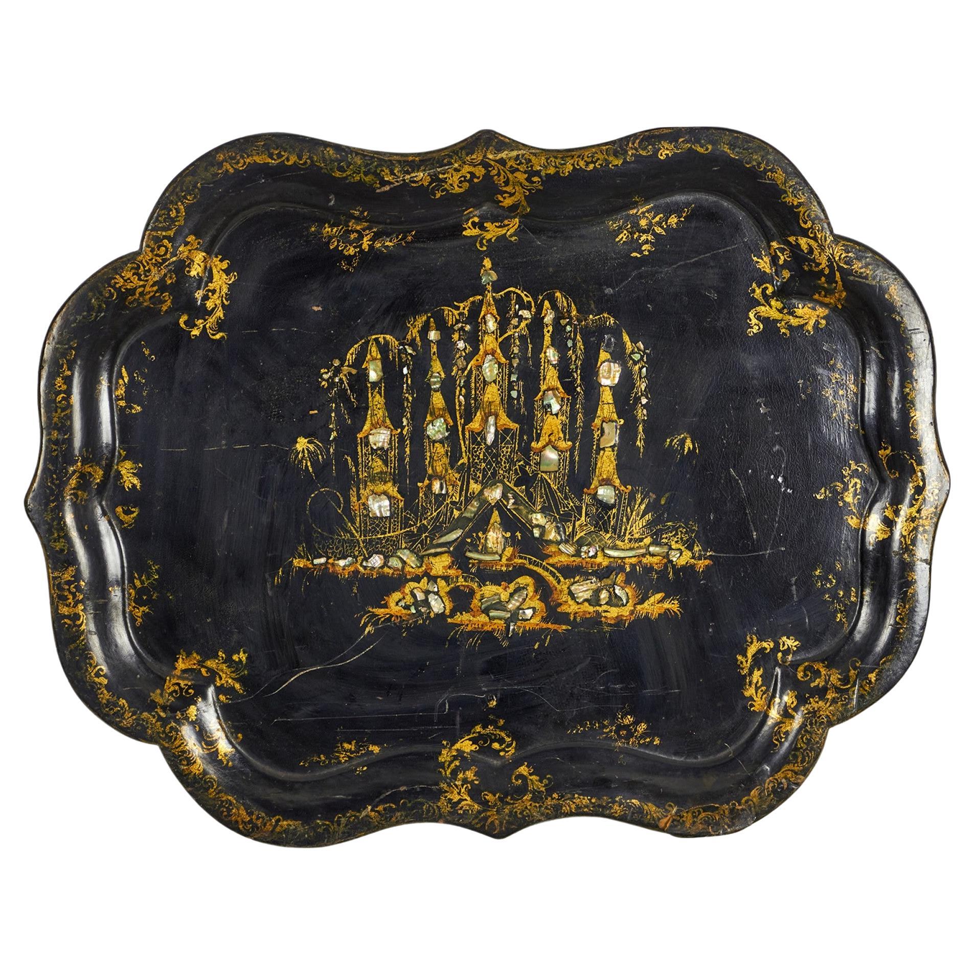 English Victorian Papier-Mâché Tray, Pearl Inlaid, Gold Stenciling, UK