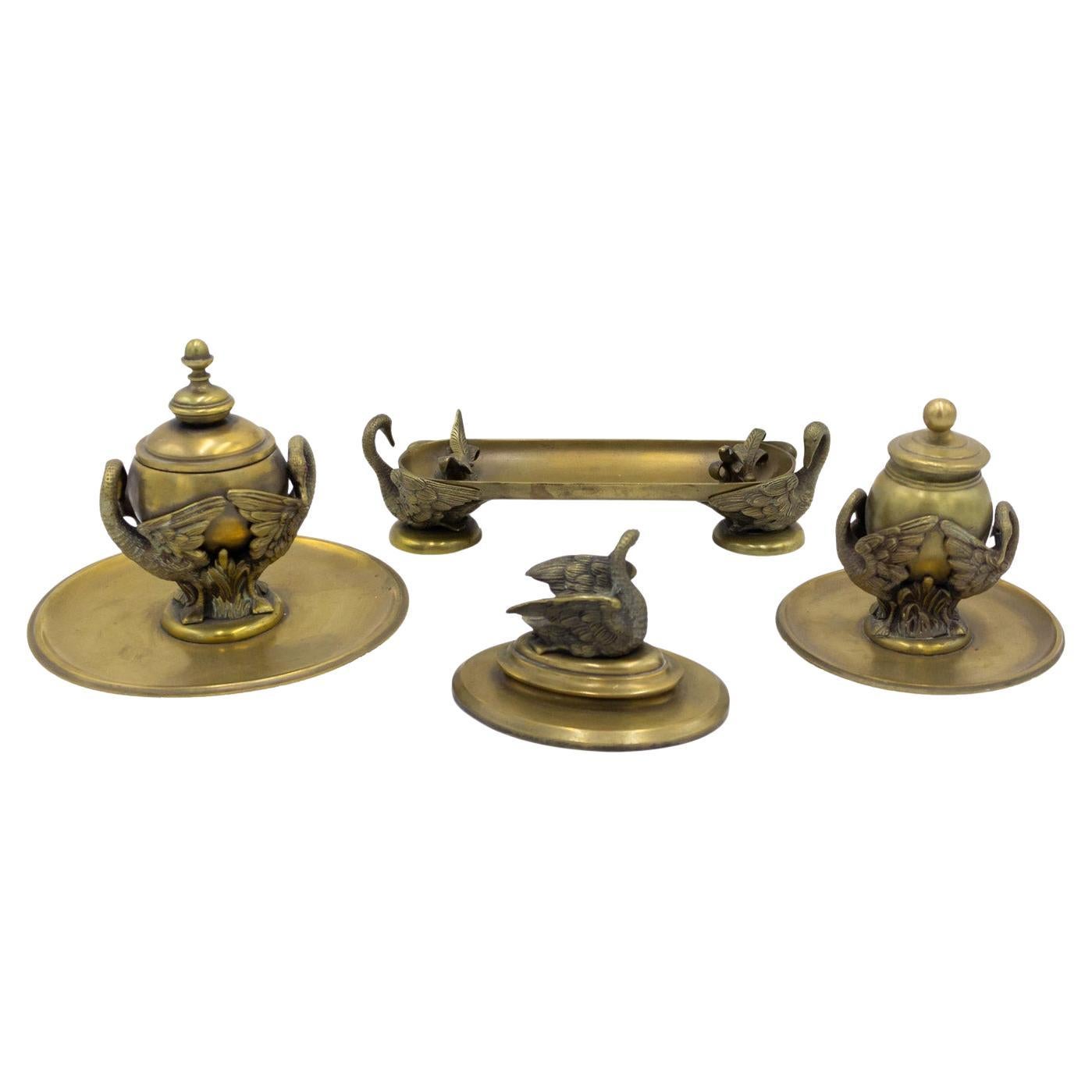 4-Piece French Empire Bronze Inkwell Set with Swan For Sale