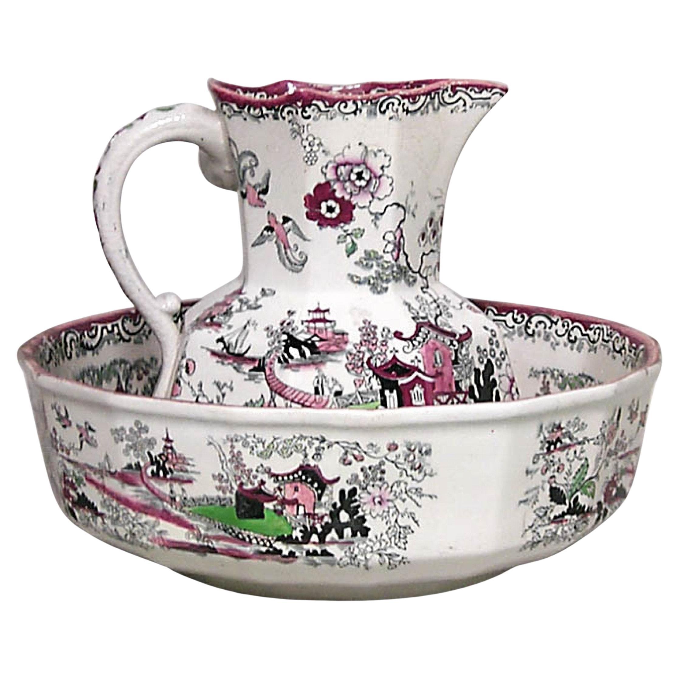 English Victorian Ironstone Pitcher and Bowl Set, 19th Century, UK