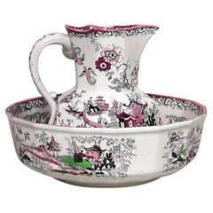English Victorian Ironstone Pitcher and Bowl Set, 19th Century, UK