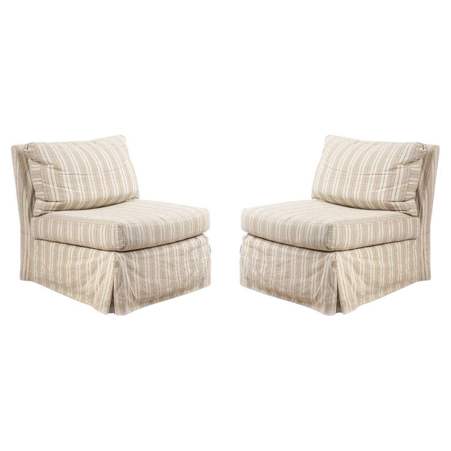 Beige Striped Upholstered Slipper Chairs For Sale