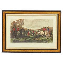 Framed English Victorian Lithograph of Men on Horseback Gathering for a Hunt