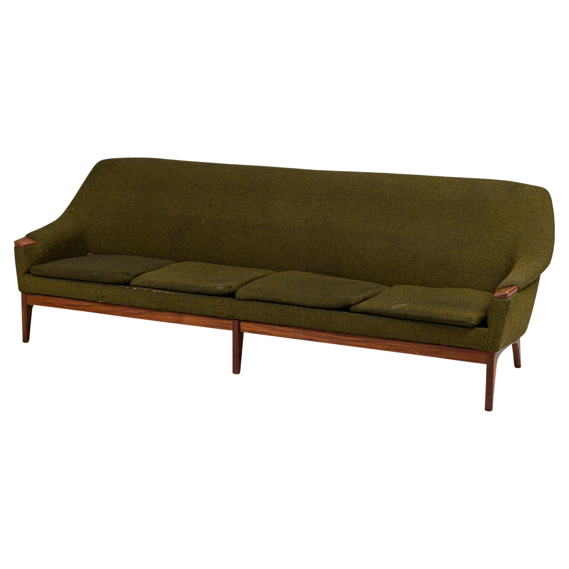 Danish Mid-Century Style 4-Seat Green Woven Upholstery Sofa