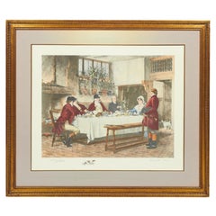 English Victorian Lithograph of Hunters and Others Gathering for a Meal