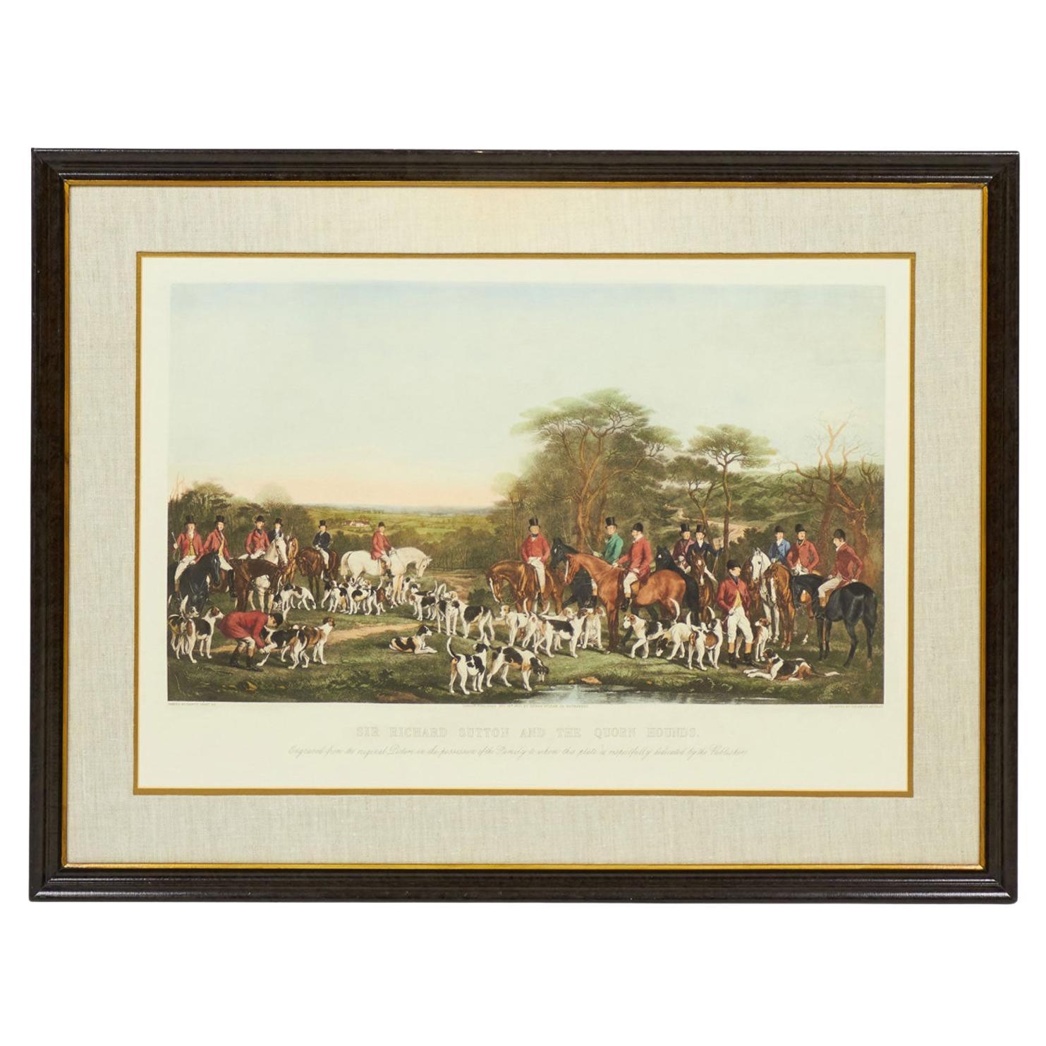 Lithographie victorienne anglaise encadrée de la partie de chasse de Sir Richard Sutton en vente