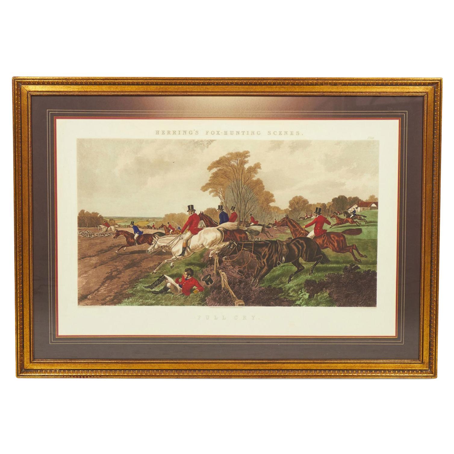 Mid-Century English Framed Hand Colored Hunting Scene Print For