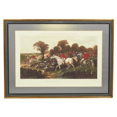 Framed English Victorian Lithograph Print of Huntsmen and Dogs Breaking Cover