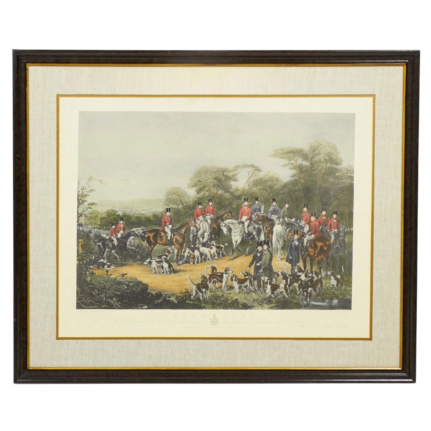 Framed English Victorian Equestrian Scene with Mounted Riders Awaiting a Hunt