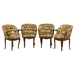 Ensemble de 4 fauteuils victoriens américains touffetés à motif floral vert